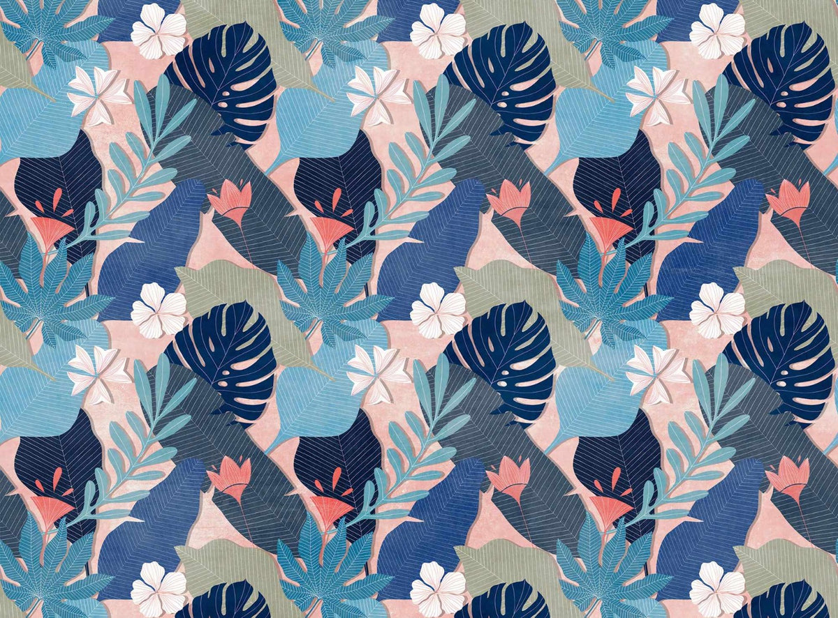 Blue Oasis Foliage Wallpaper Mural in your room — zoomed