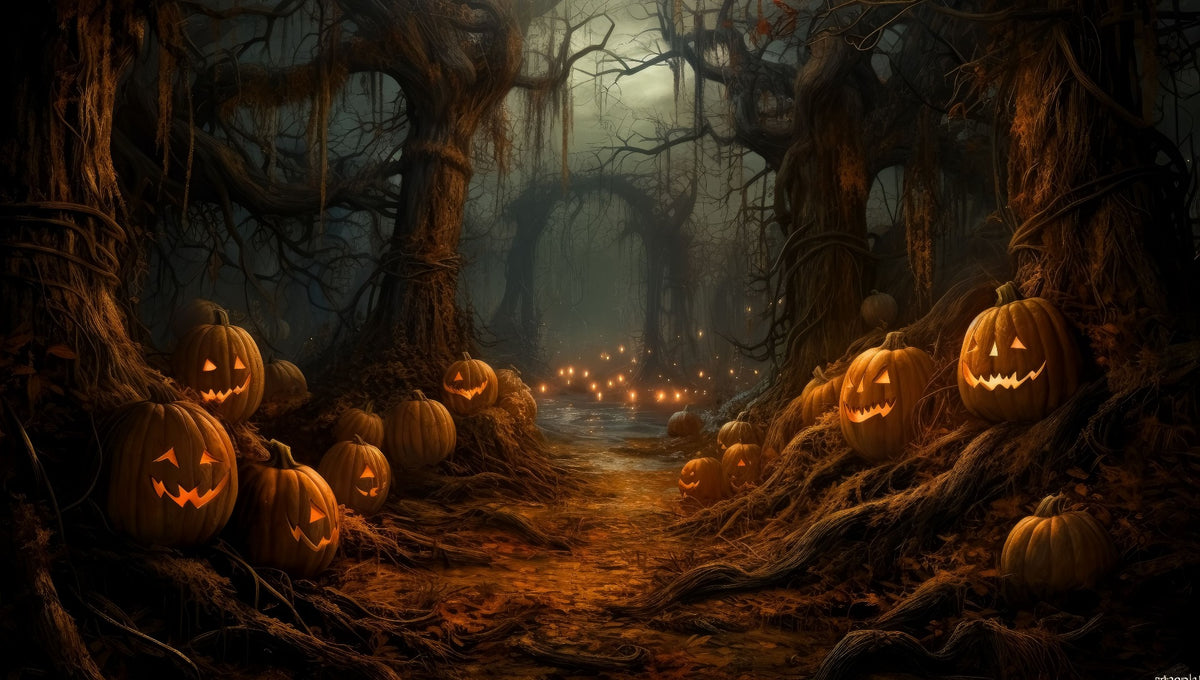 Eerie Pumpkin Forest Silhouette Wall Mural in your room — zoomed