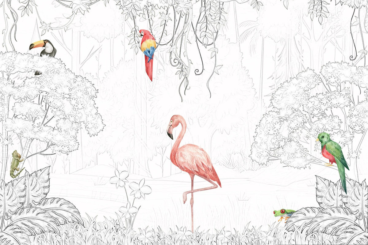 Tropical Aviary Sketch Wall Mural in your room — zoomed
