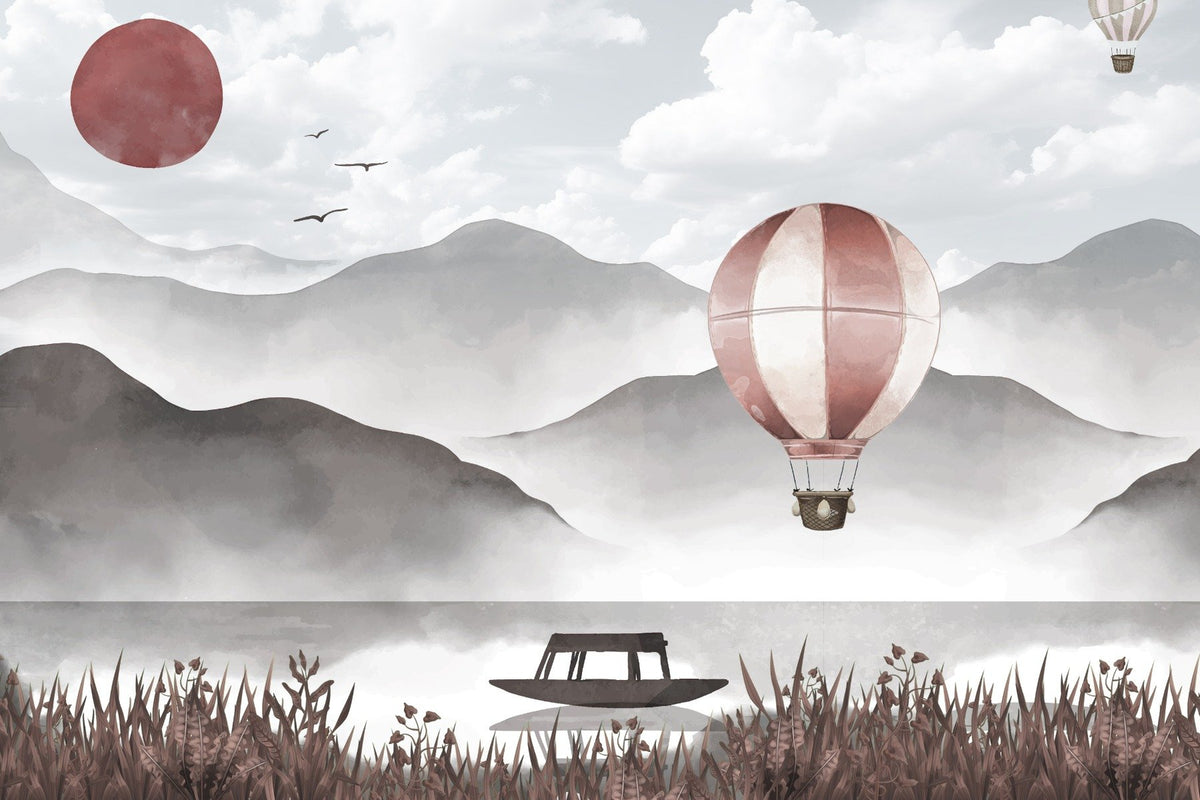 Misty Peaks Hot Air Balloon Mural in your room — zoomed