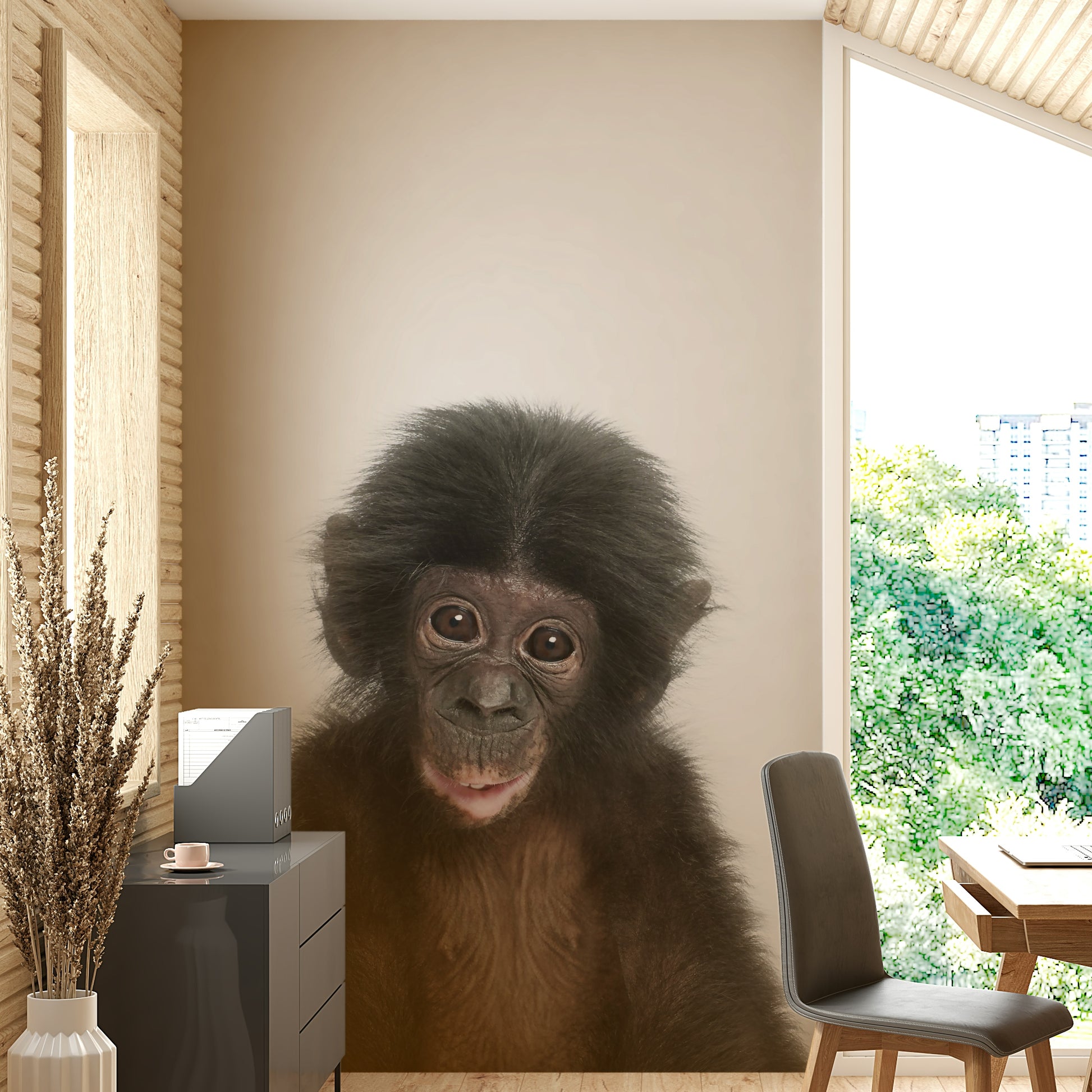 Baby monkey wallpaper design with tropical accents