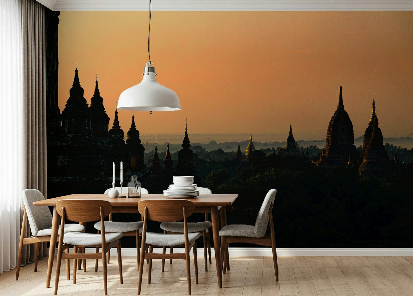 Wall mural with Bagan temples emerging from morning mist at dawn.