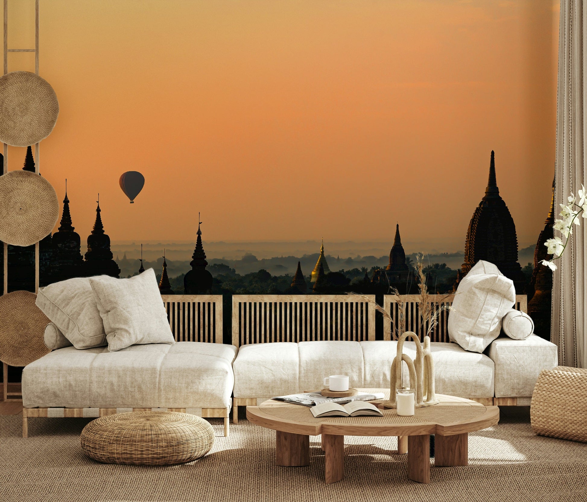 Bagan Dawn Wall Mural — serene sunrise over historic temples and misty landscapes.