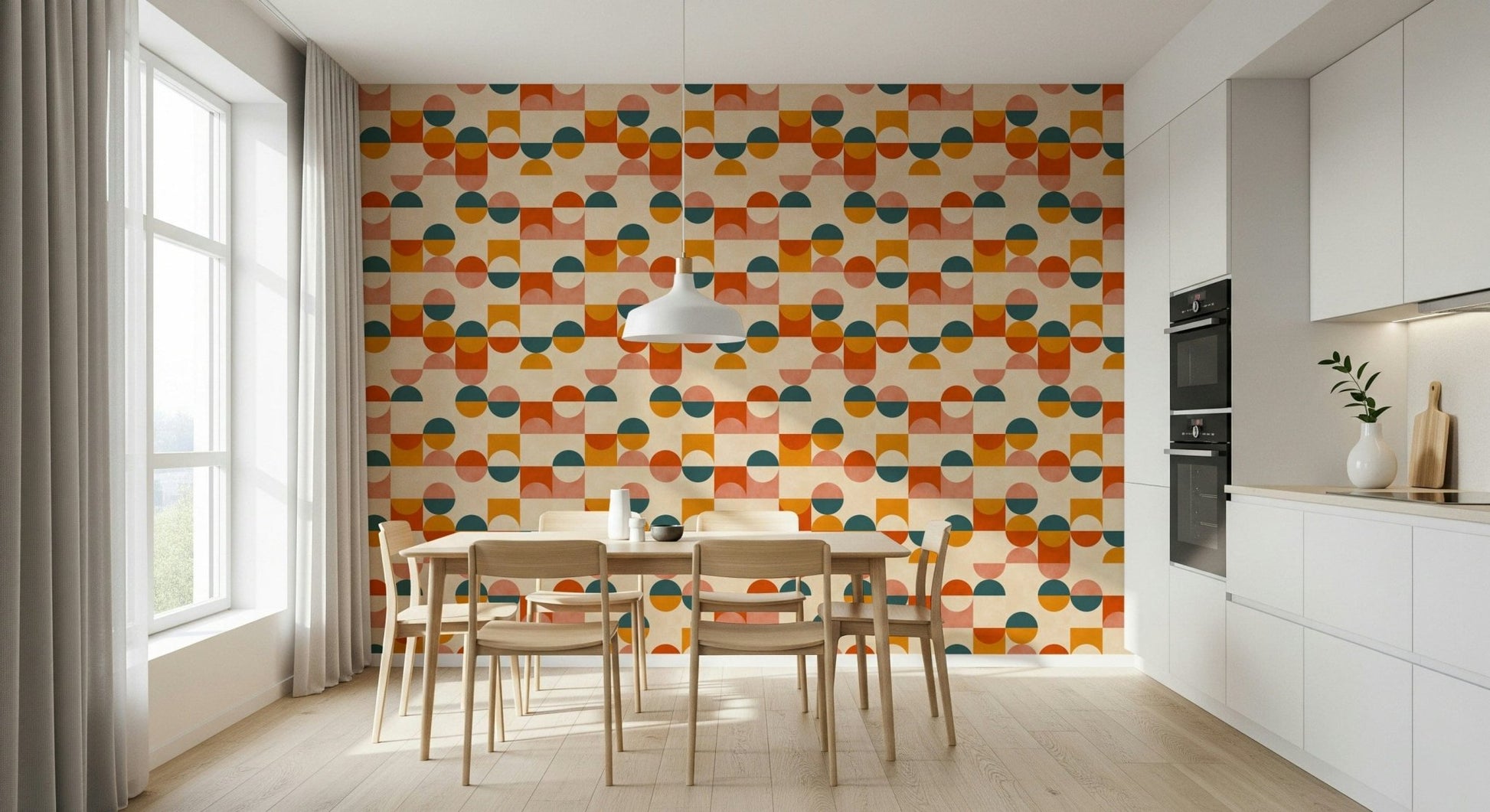 Playful circle grid wallpaper in cream base