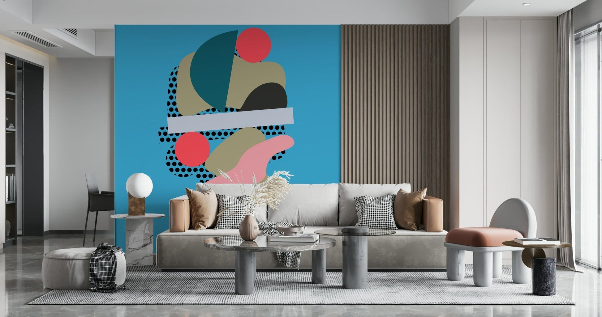 Teal semicircles, coral dots, beige shapes, and black polka patterns arranged artistically in this abstract wallpaper.