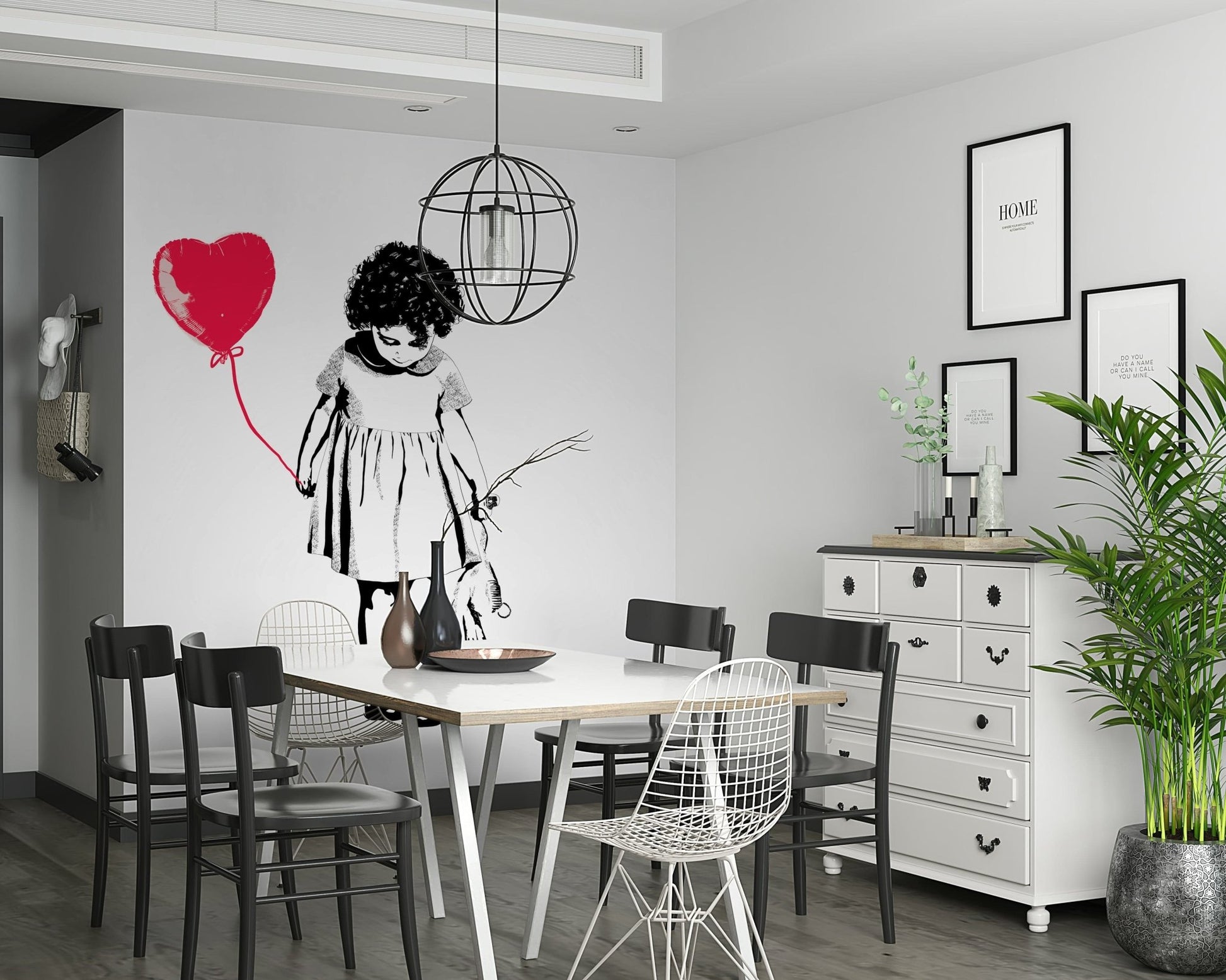 Balloon Girl Art wallpaper mural of a girl with a red heart balloon behind a white dining table and wire chairs