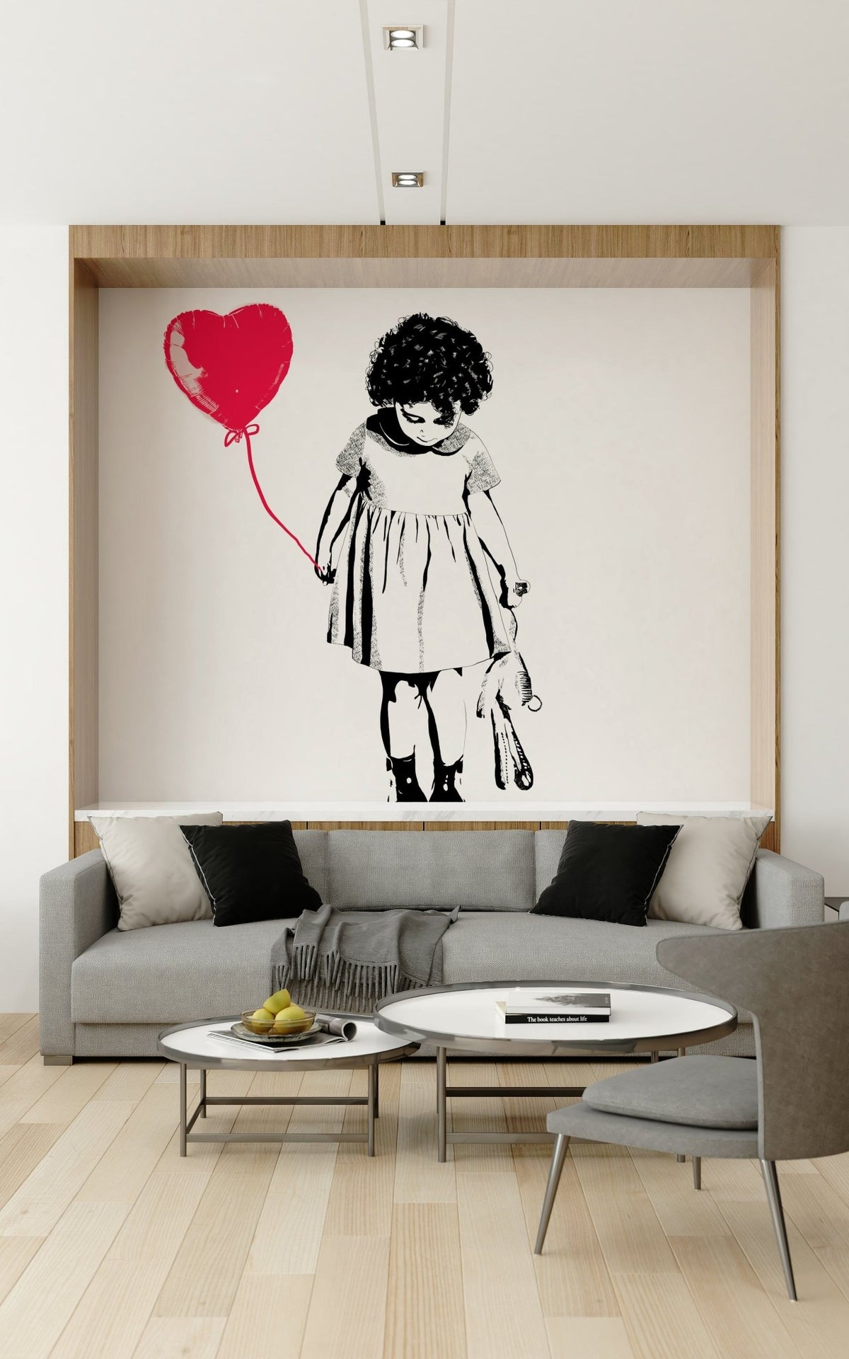 Balloon Girl Art wallpaper mural with a girl and red heart balloon set in an alcove above a grey sofa
