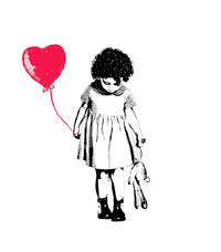 Balloon Girl Art wallpaper mural showing the full artwork of a girl reaching for a red heart balloon in black and white