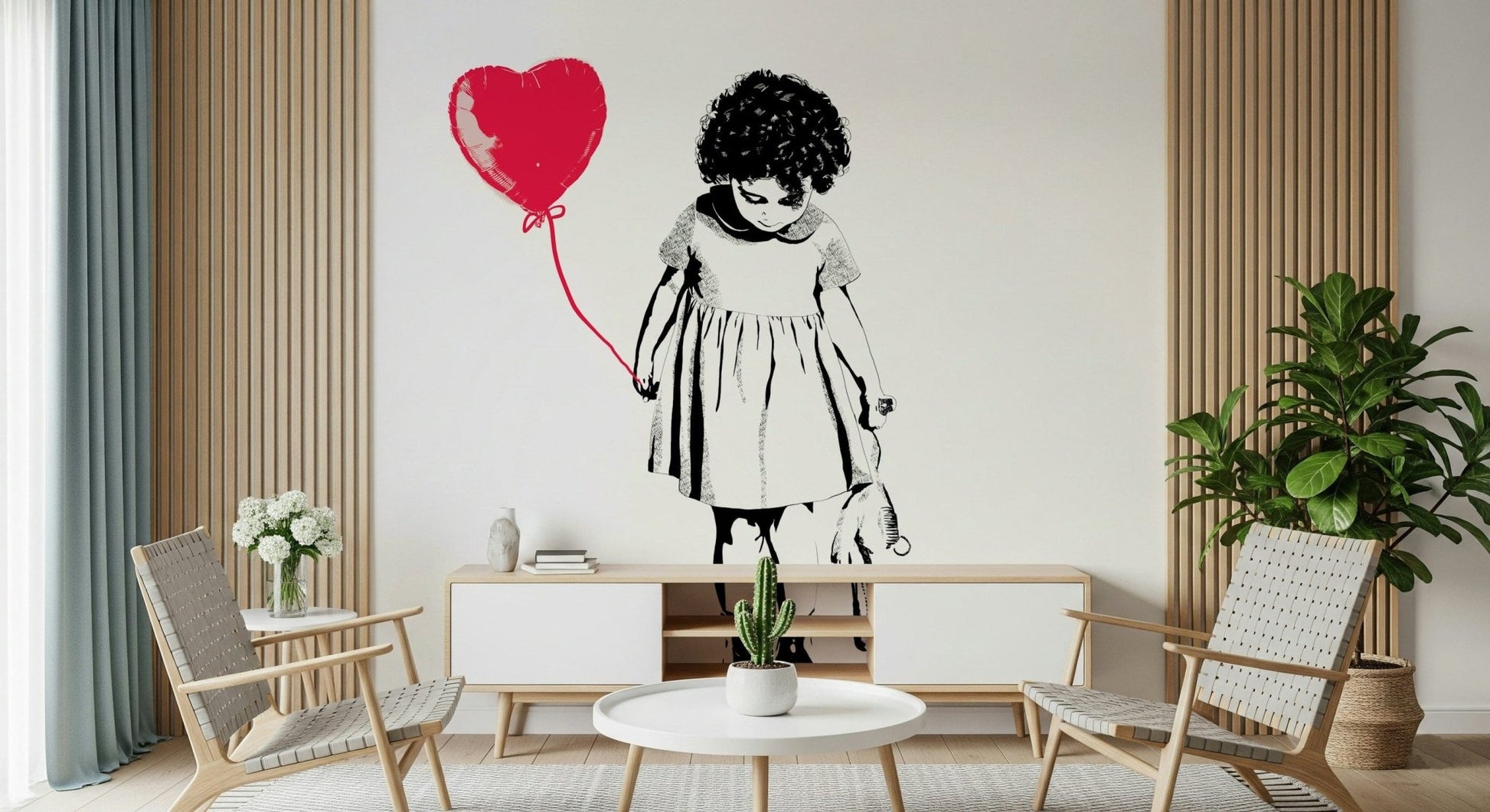 Balloon Girl Art wallpaper mural of a girl with a red heart balloon above a wood credenza and woven chairs