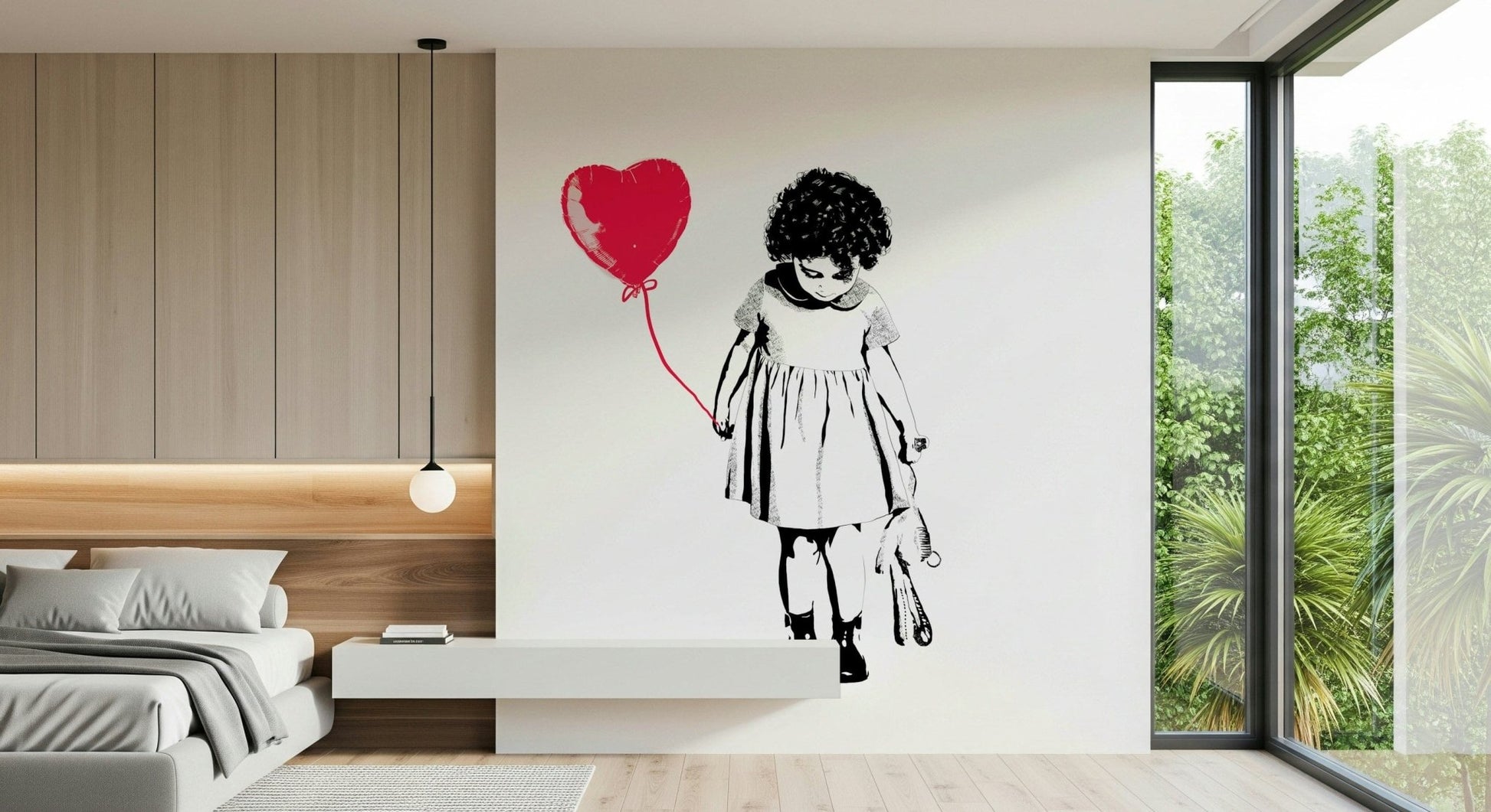 Balloon Girl Art wallpaper mural of a girl and red heart balloon behind a low platform bed by garden windows