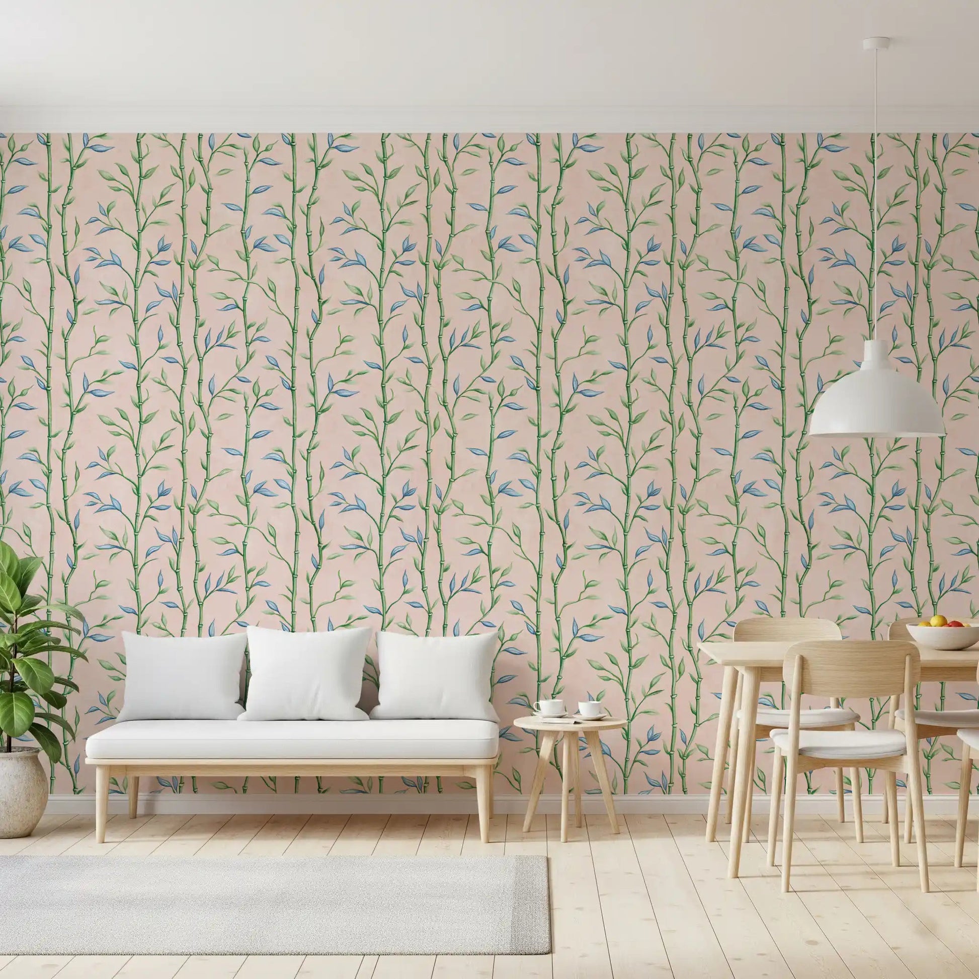 Elegant bamboo wallpaper with green and blue leaves, perfect for a calming Dining room ambiance.
