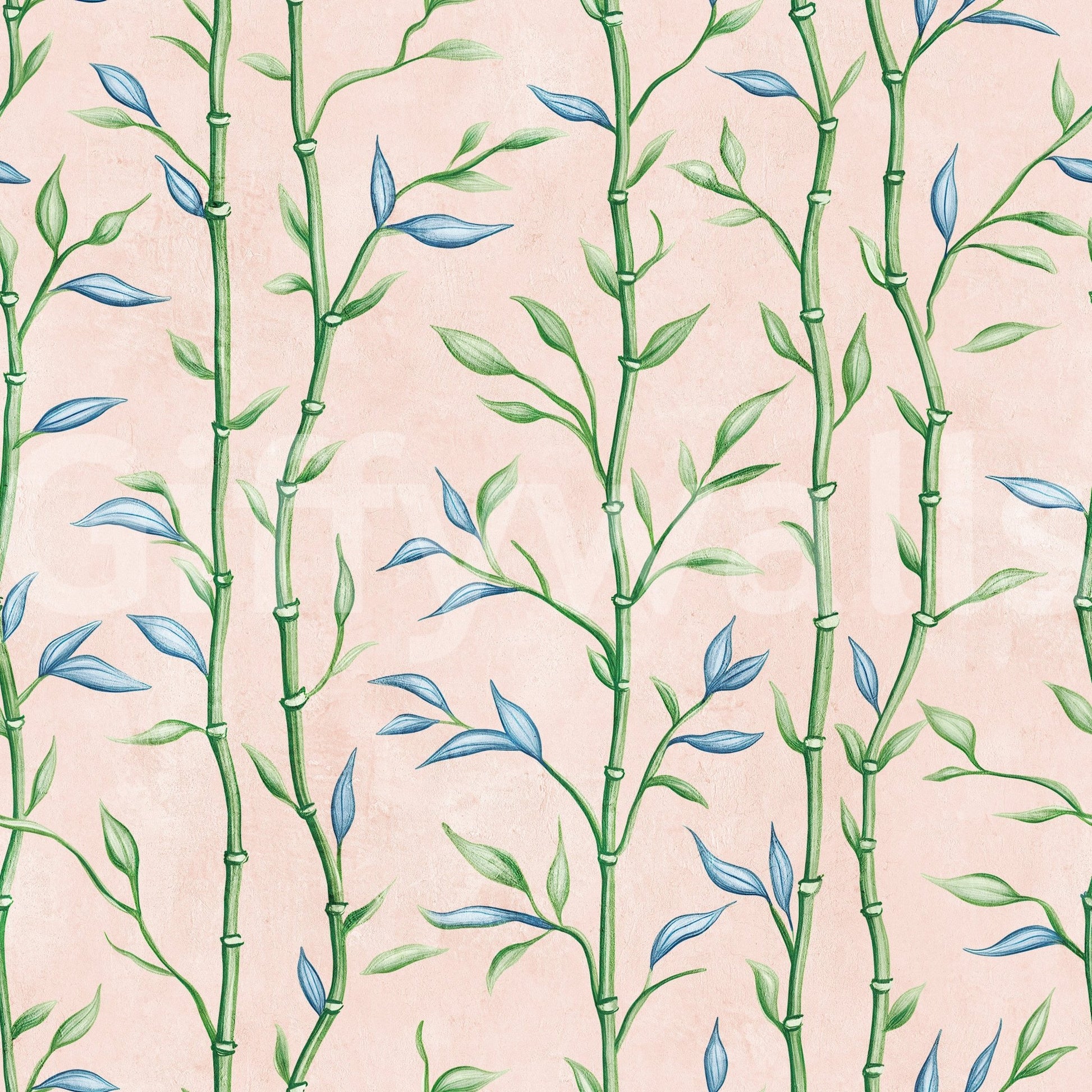 Botanical bamboo wallpaper with soft green accents on a rose-pink backdrop in Bamboo Breeze Rose