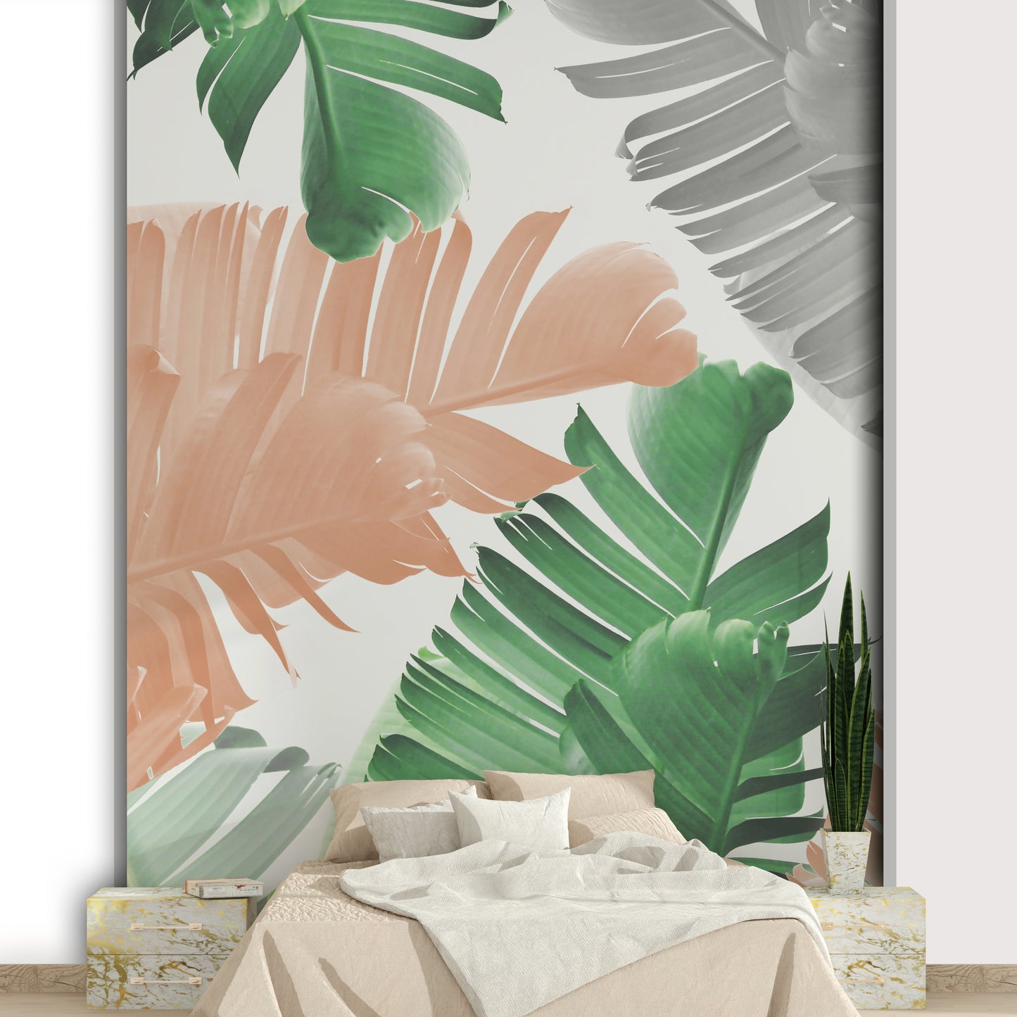 Wall with bold banana leaves in soft colors

