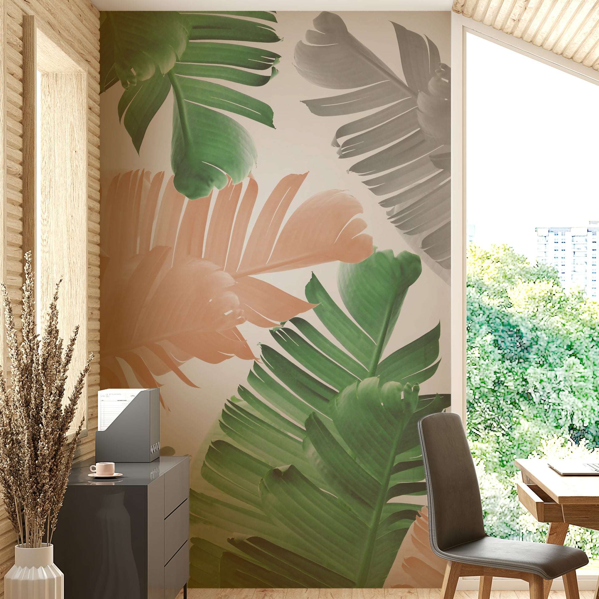 Banana leaf mural in kids’ creative space

