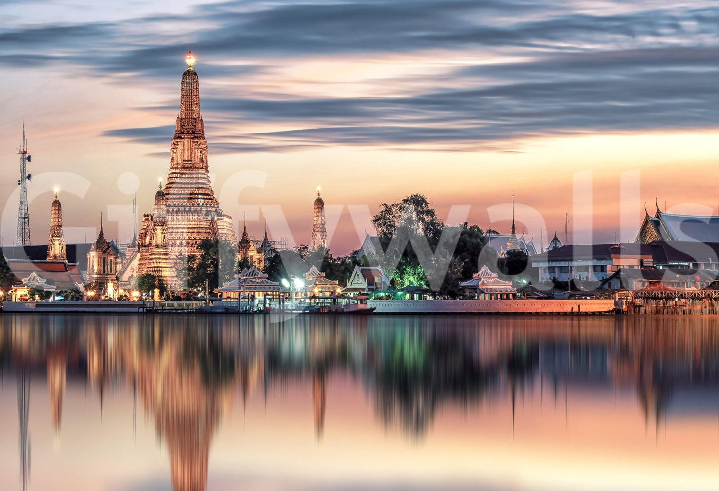Vibrant twilight Bangkok Dawn Reflection wall paper backdrop.