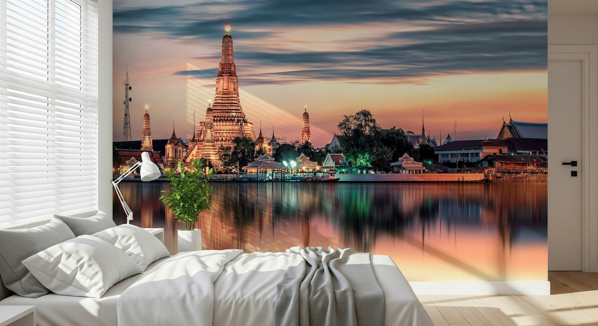 Reflecting temple spires Bangkok Dawn Reflection wall décor.