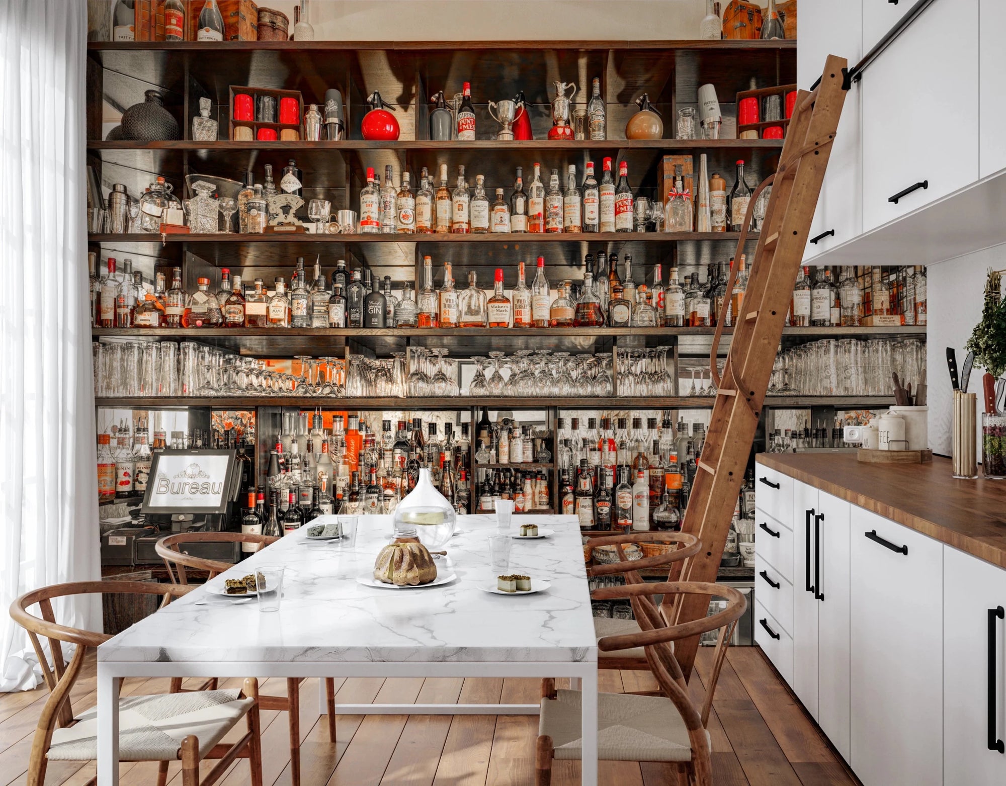 Bar Brilliance wallpaper mural of liquor-bottle shelves behind a marble dining table in a bright kitchen