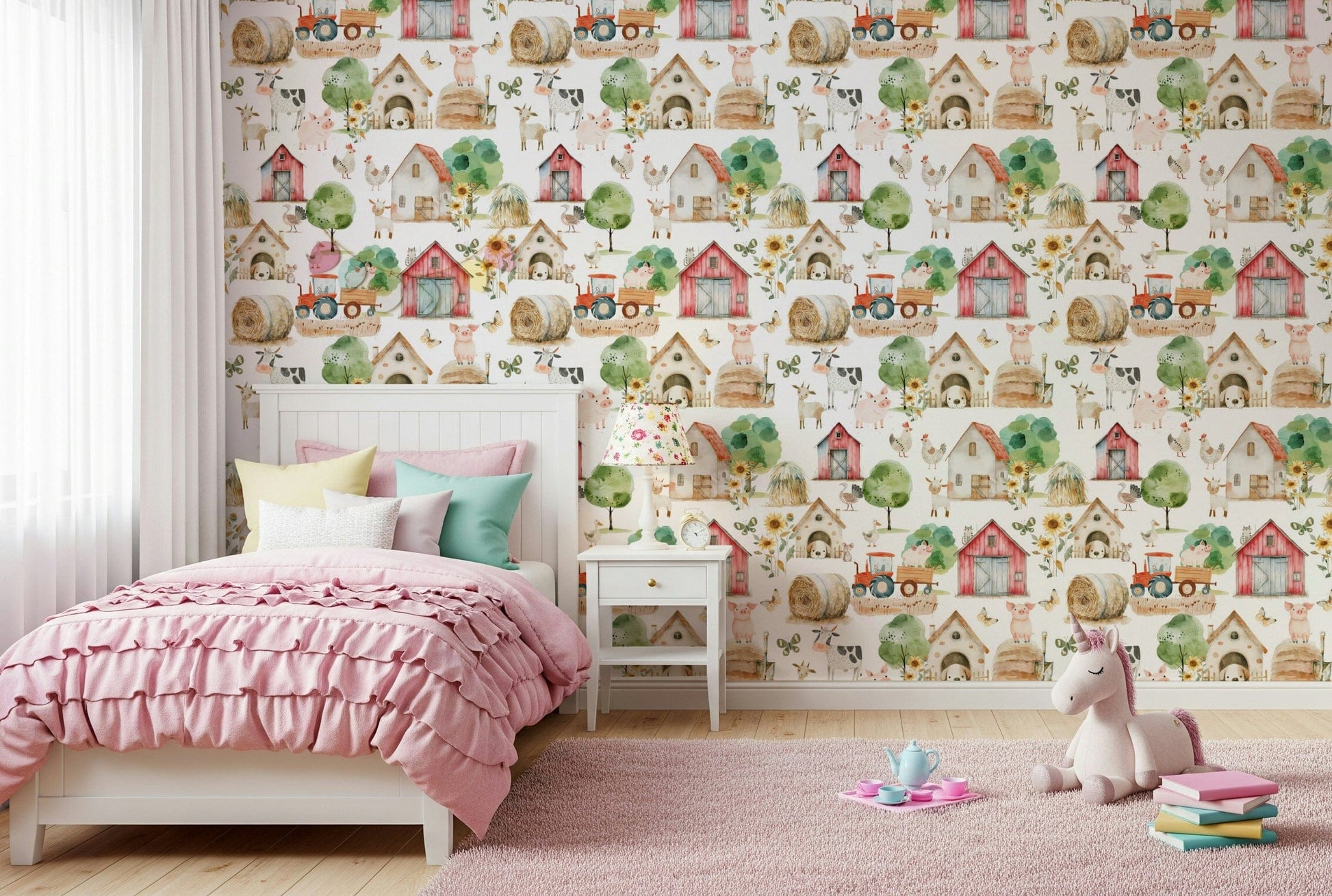 Pastoral Barnyard Buddies wallpaper mural, idyllic countryside view, baby animals.