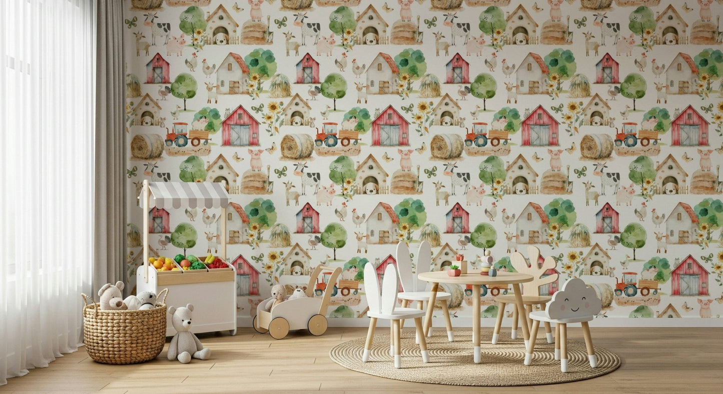 Watercolor Barnyard Buddies wall paper, delightful country life illustration, home decor.