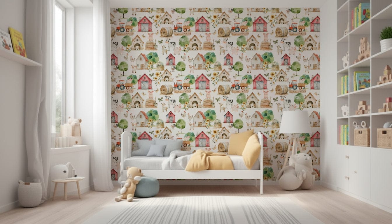 Fun Barnyard Buddies wall mural backdrop, perfect for playrooms, inviting atmosphere.