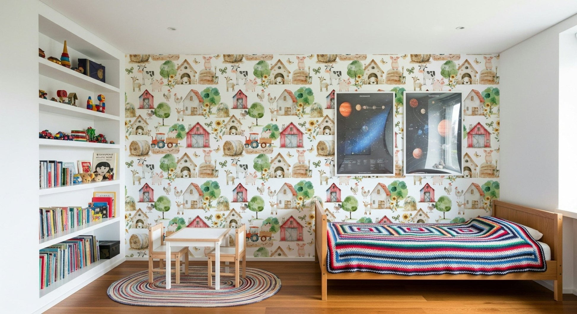 Children's Barnyard Buddies wallpaper, cartoonish pigs, sweet farm animals, tree design.