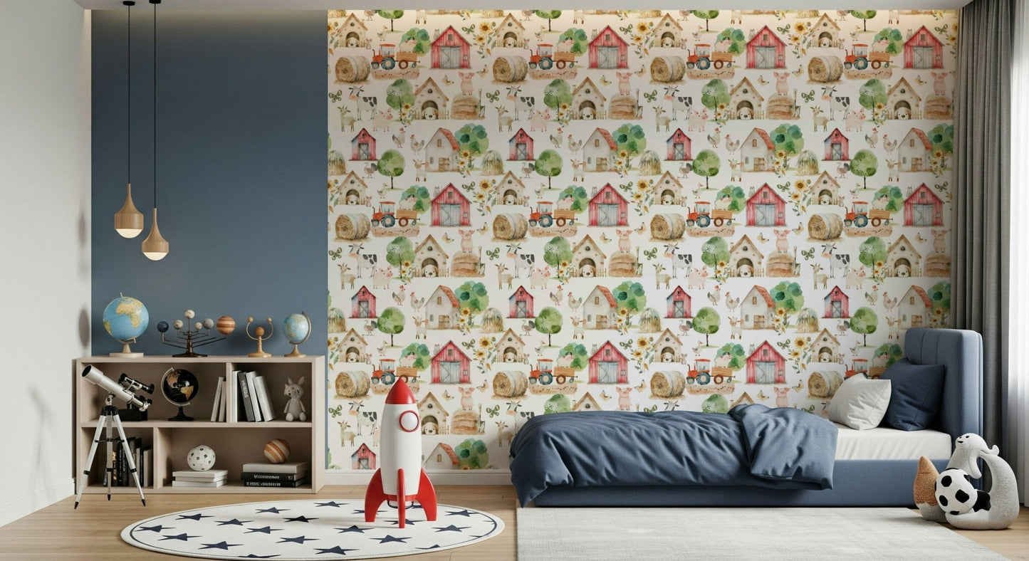 Sweet Barnyard Buddies wall print, playful puppy, kitten on barn roof, sunny design.