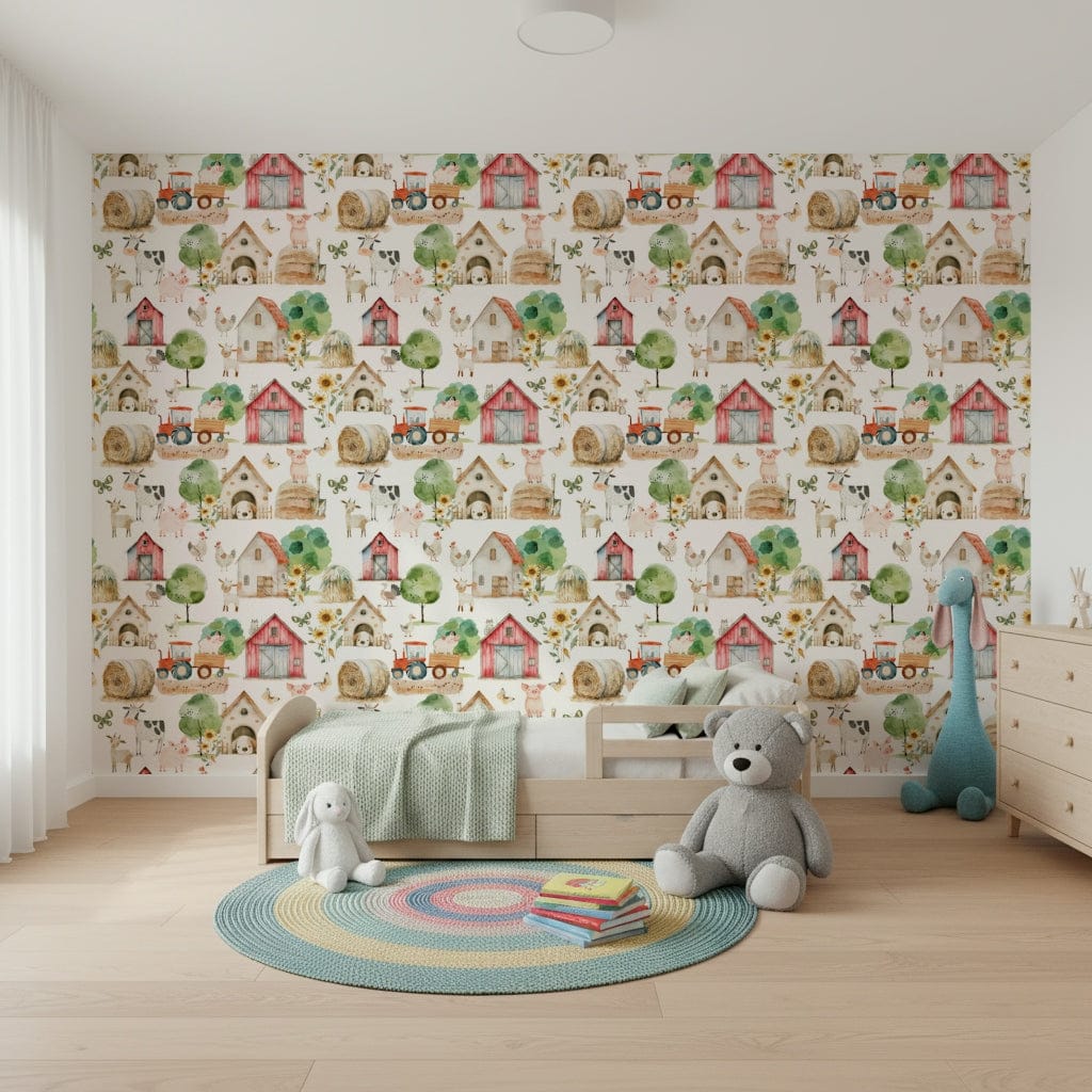 Cozy Barnyard Buddies peel and stick, nursery wall art, farmyard friends, happy scene.