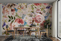 The image shows a full wall with several large flowers on a dark, moody background.

