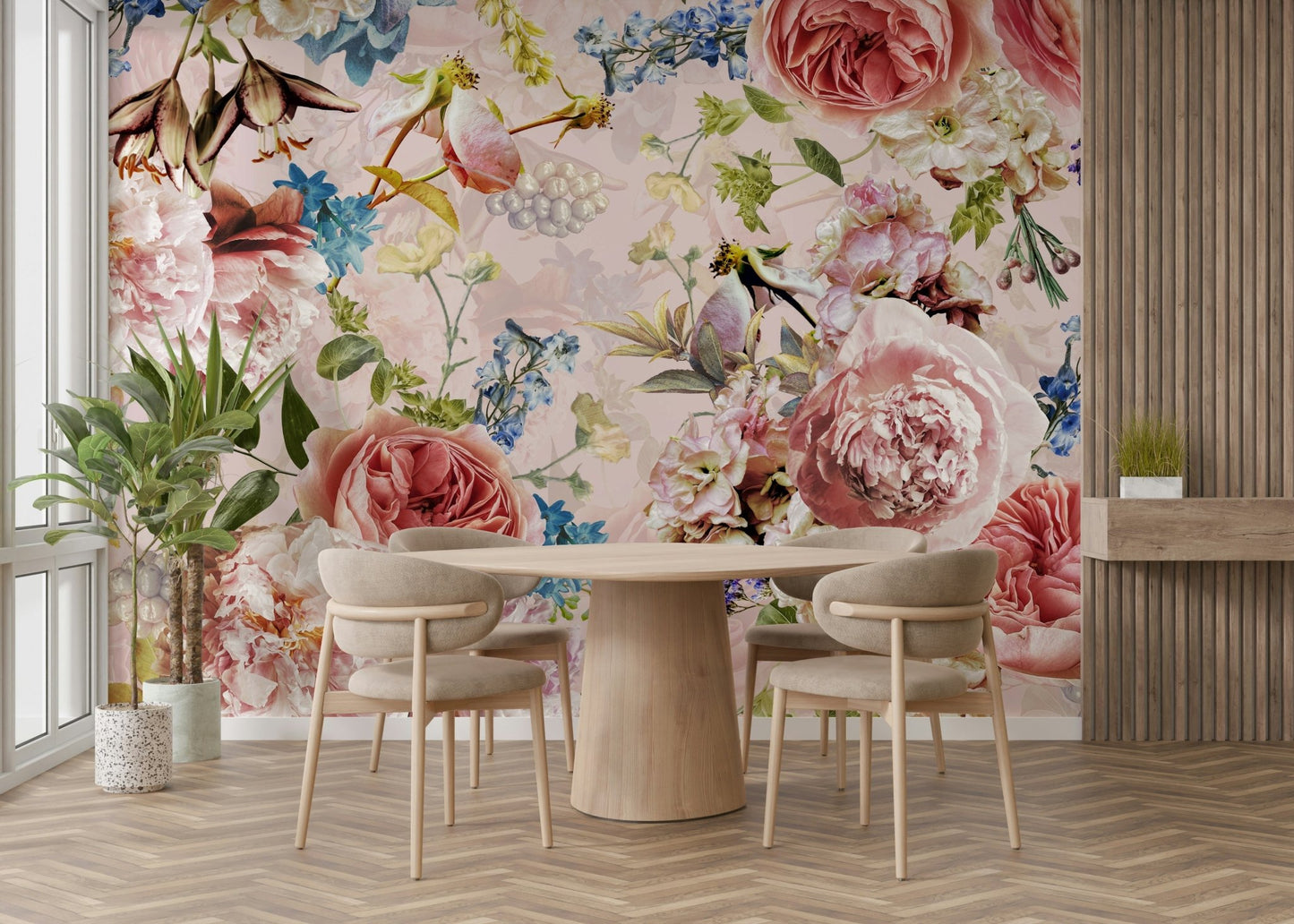 The colors are rich and dramatic, including various shades of pink.

