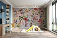 The mural is installed in a modern, eclectic living room.

