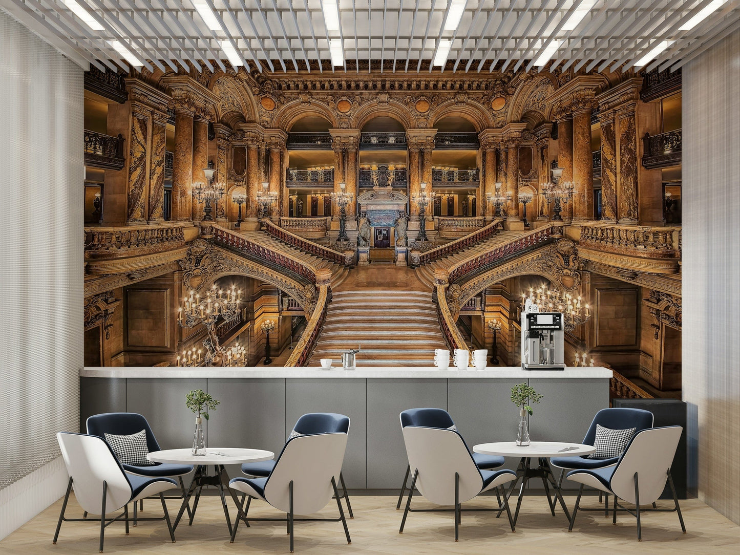 A peaceful rococo design mural on decorative wallpaper.

