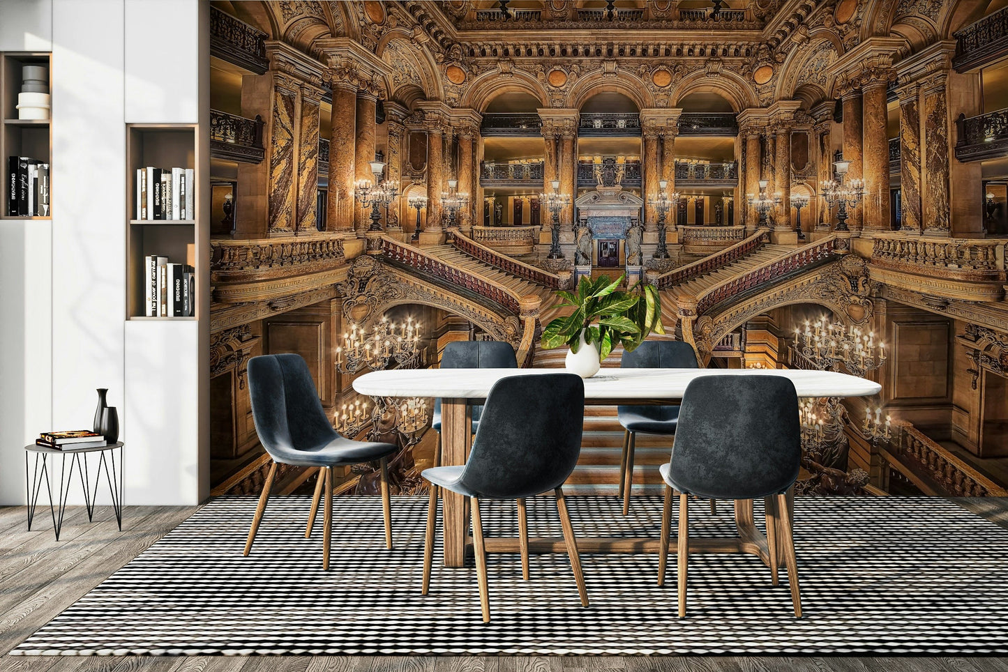 An artistic ornate style mural on luxury wallpaper.

