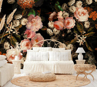 A wall mural featuring a bold, artistic floral pattern.

