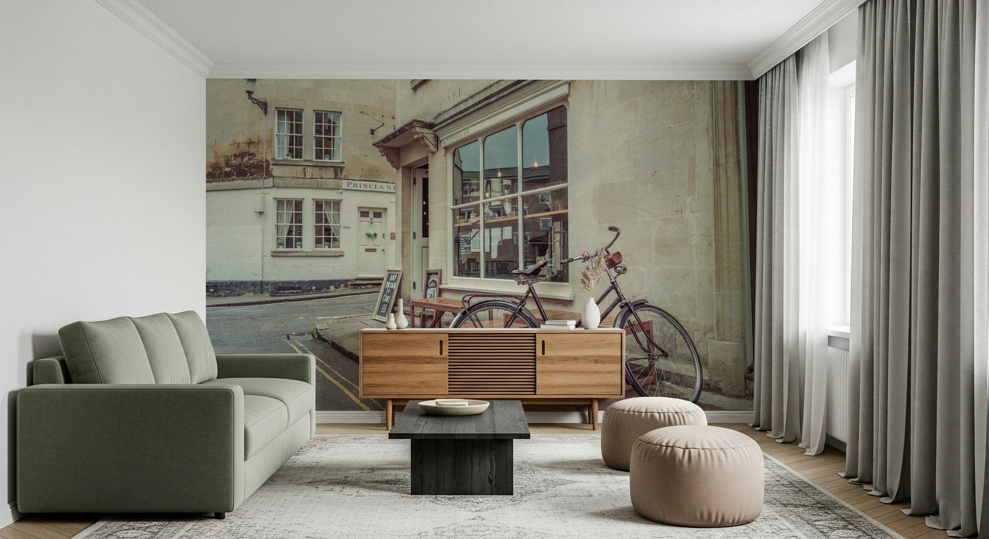 Bike ride city wallpaper in reading nook, relaxed scene for a small feature wall in modern decor