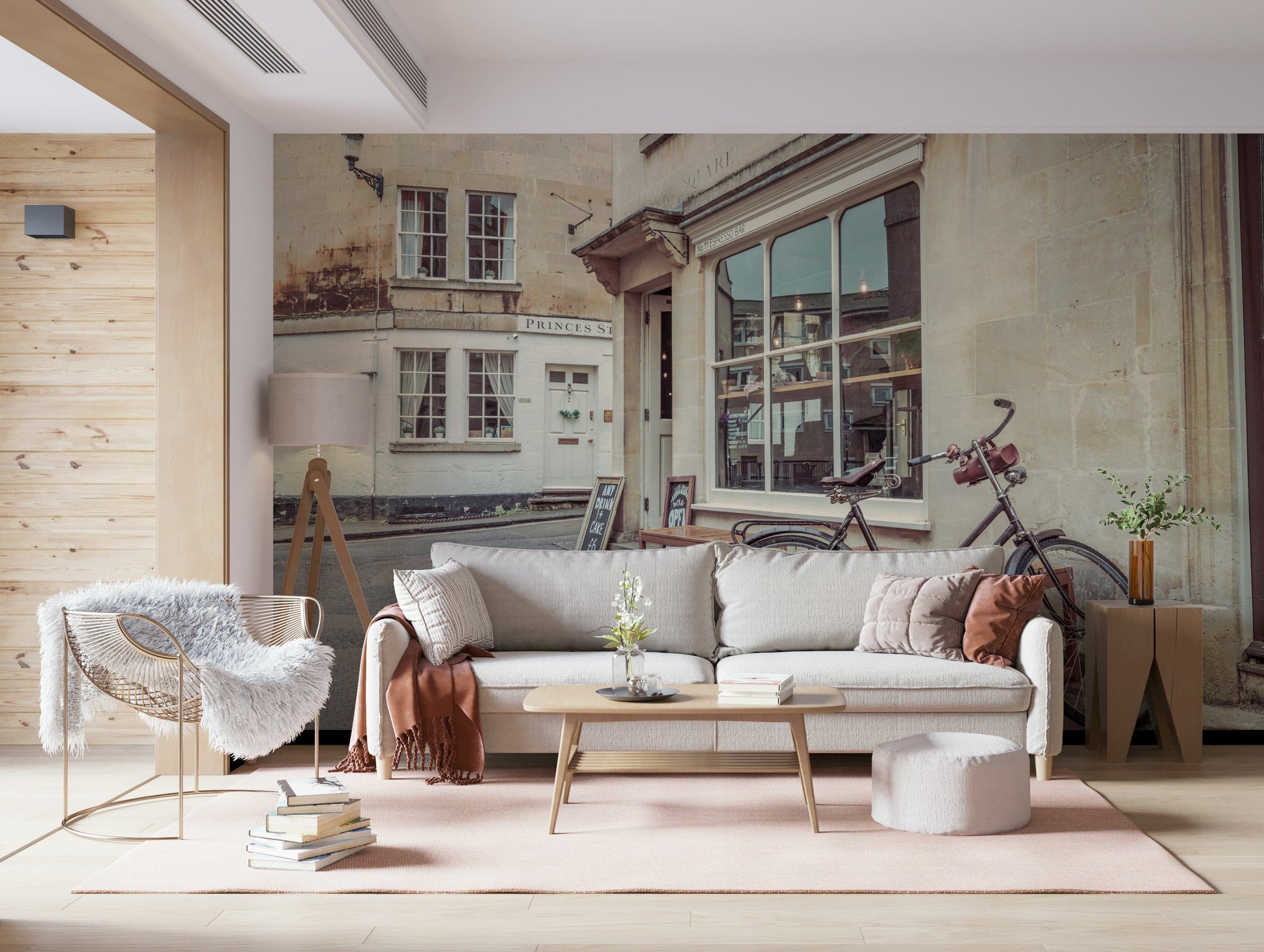 Hallway feature wall with bicycle street mural, warm neutral tones and classic city style wall decor