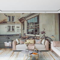Entryway wall mural with bicycle street view, modern wall decor that suits a narrow space