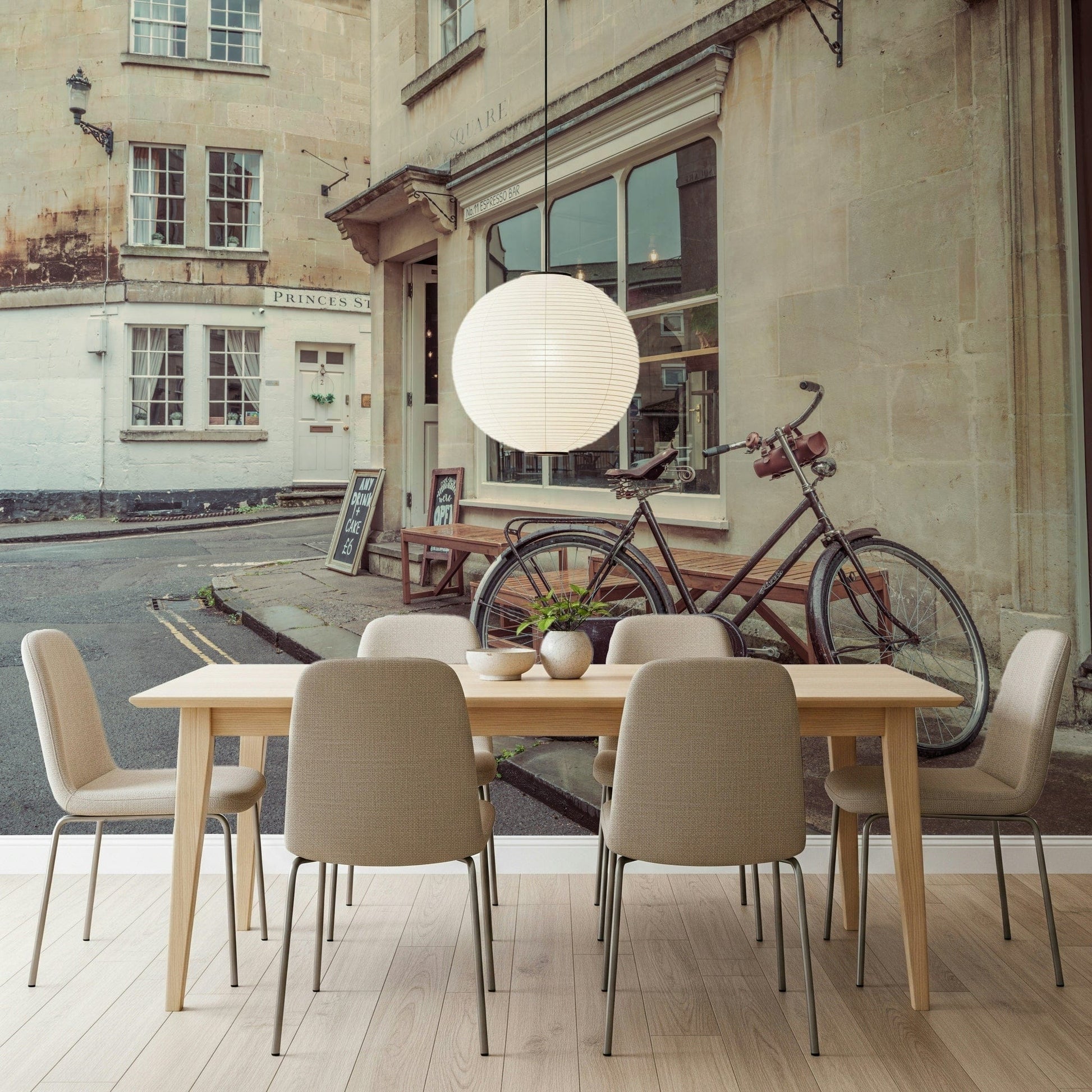 Bicycle street mural over console table, modern neutral wall decor for living room or hallway