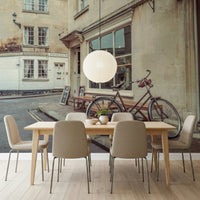 Bicycle street mural over console table, modern neutral wall decor for living room or hallway