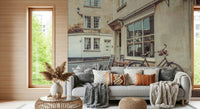 Bicycle stroll city mural in home office, calm street view wallpaper for a modern feature wall