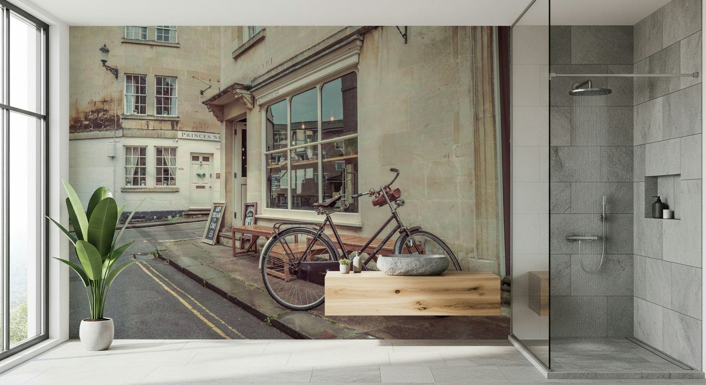 Bedroom wall mural with bicycle and streetscape scene, cozy travel wall decor in muted color palette