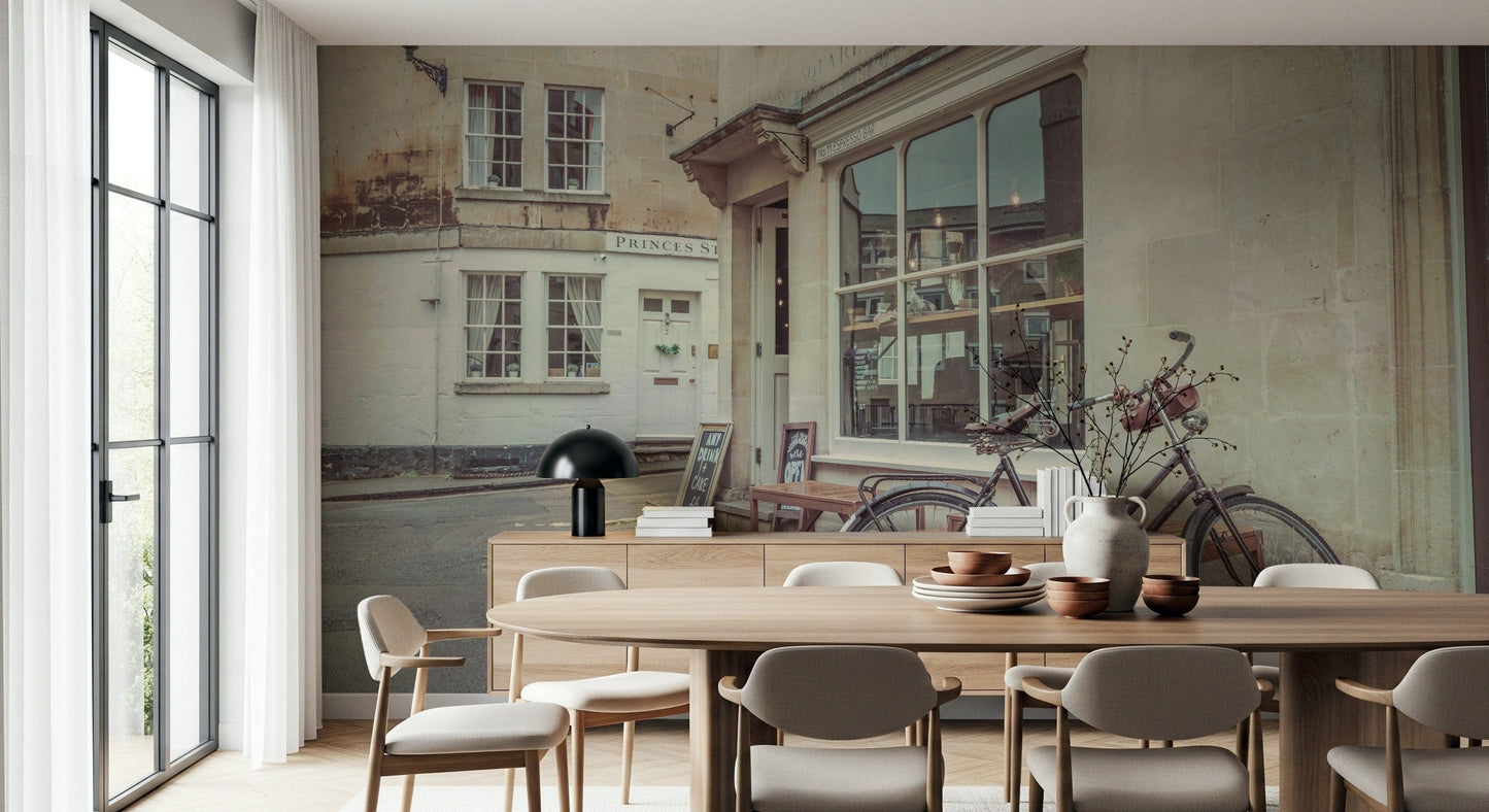 Bath's Bicycle Stroll Wall Mural in studio, travel wall decor with detailed architecture and bike