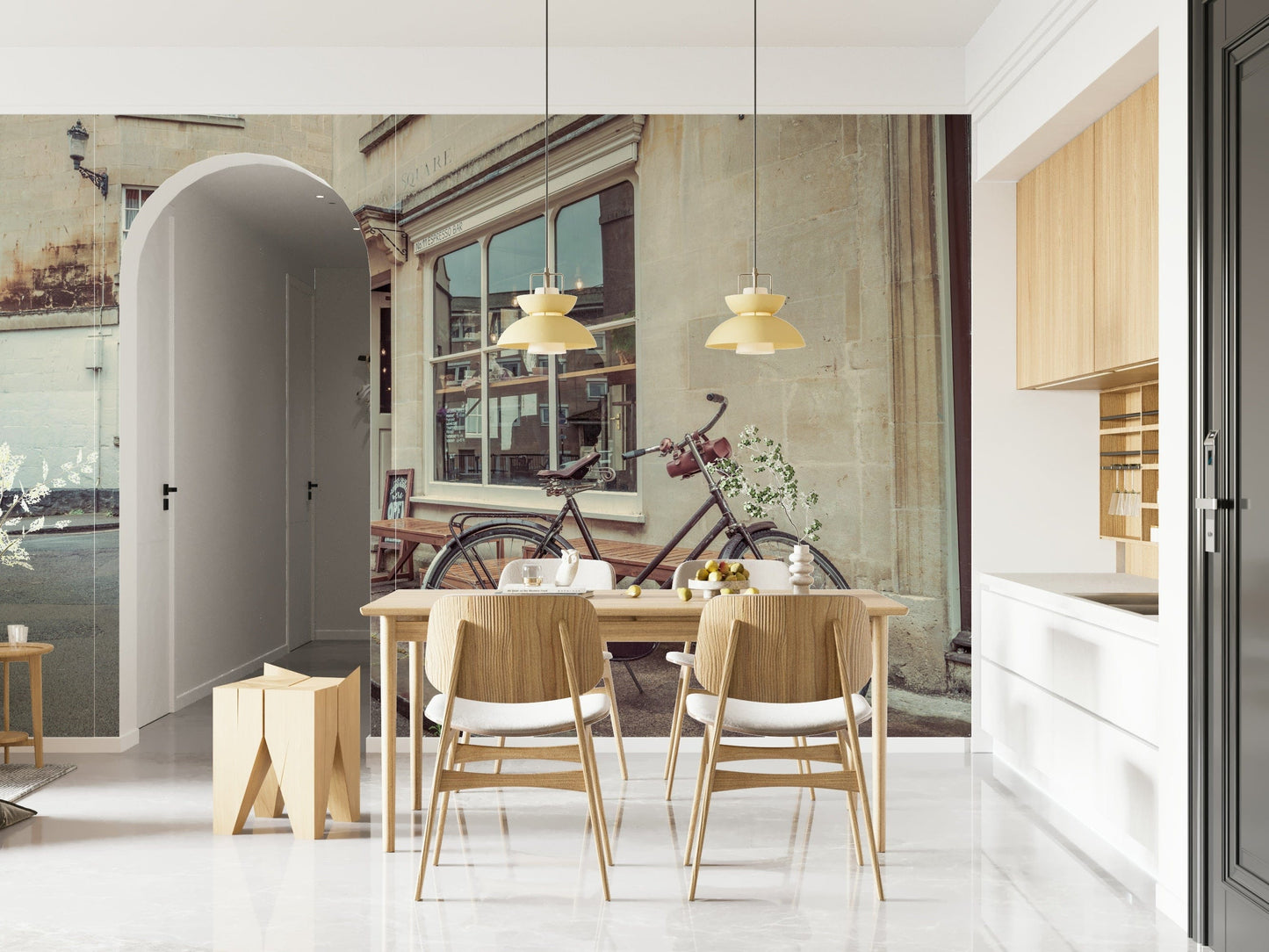 Bath's Bicycle Stroll Wall Mural in dining room, scenic city ride artwork for a modern wall decor look