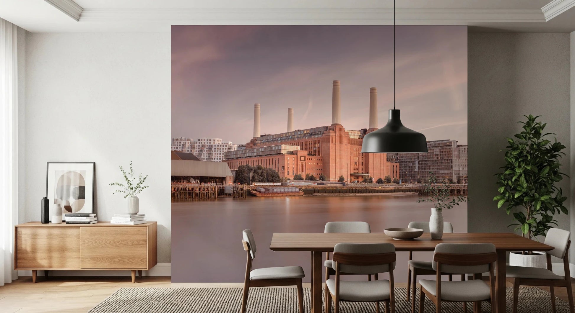 Brick architecture and chimneys in a sharp Battersea Power Station mural.