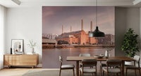 Brick architecture and chimneys in a sharp Battersea Power Station mural.