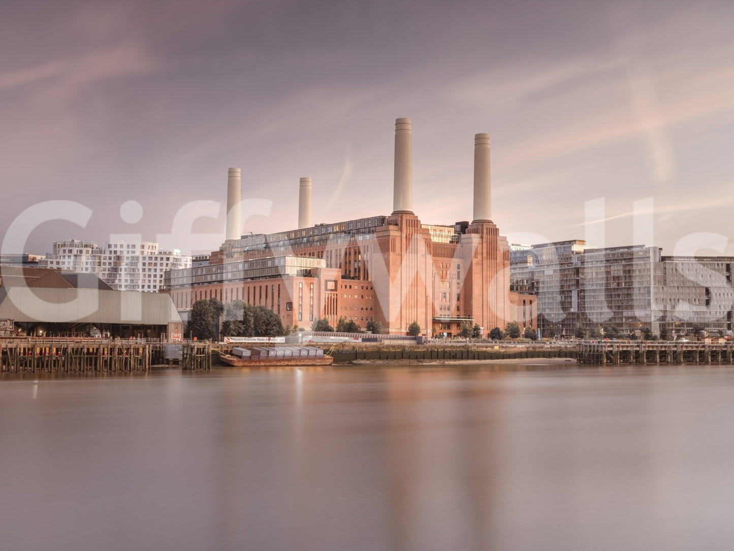 Wide angle view of the landmark in a Battersea Power Station wall mural.