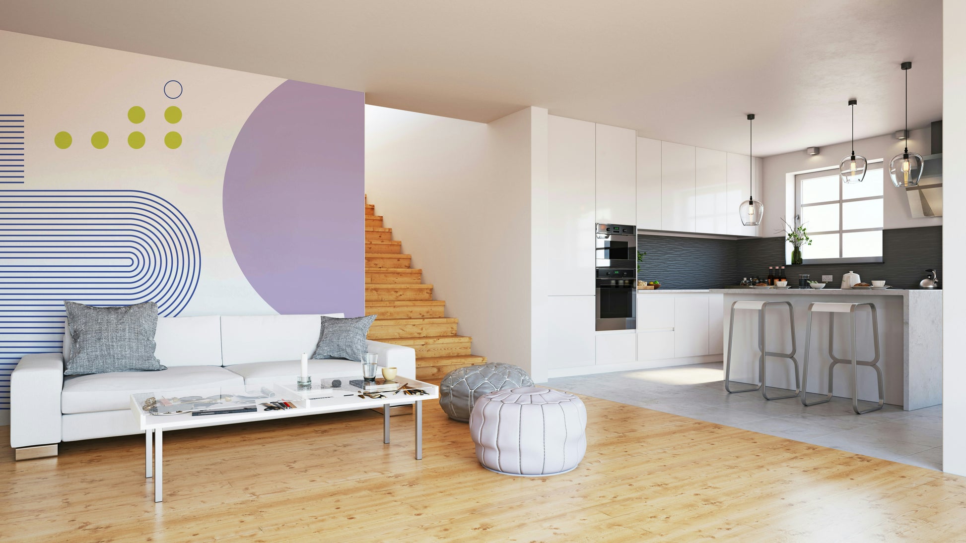 Colorful modern mural with circles, lines, and squares

