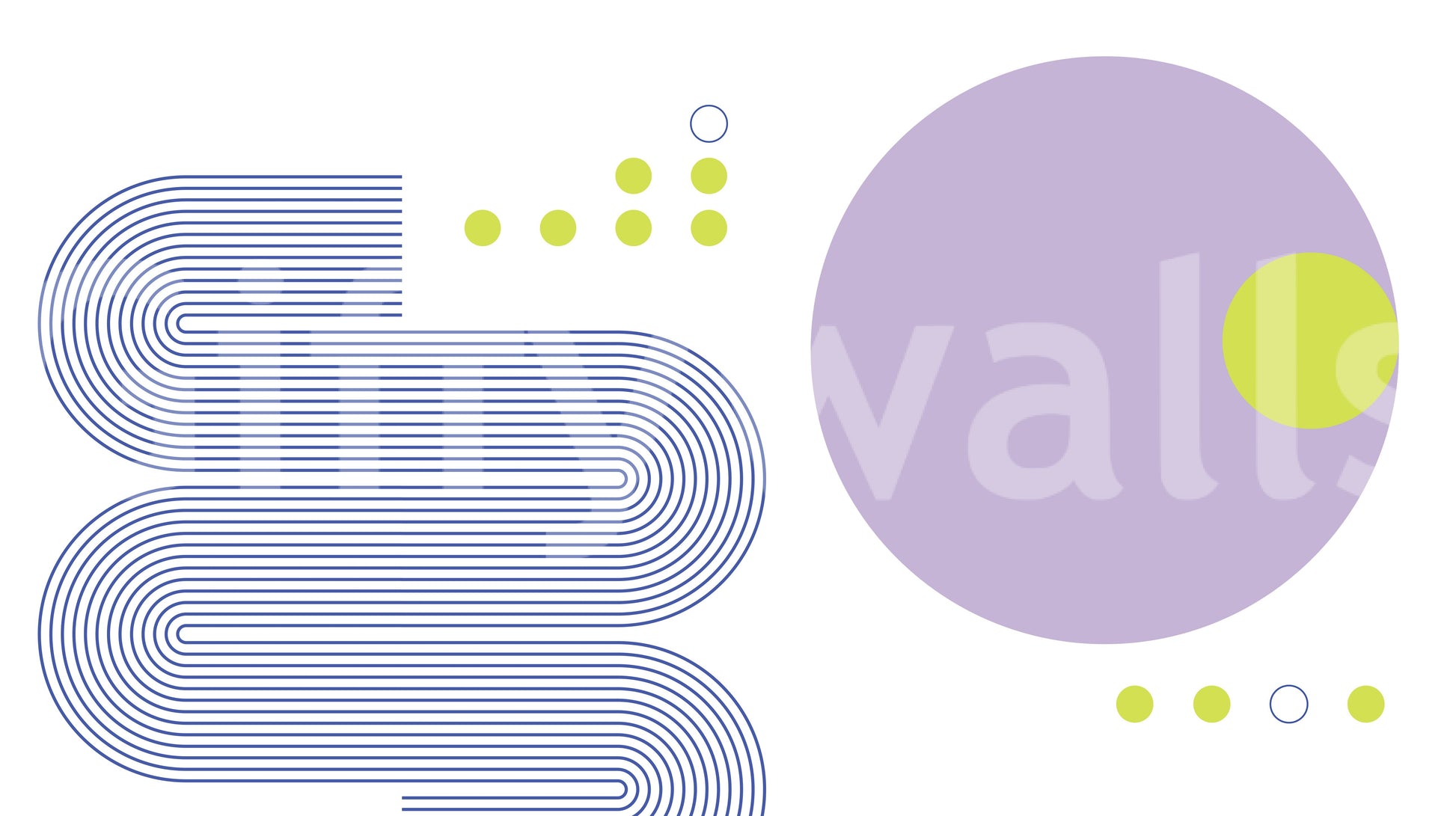 Bold Bauhaus Geometry wall mural close-up showing navy winding lines, a lavender circle and lime dots on white