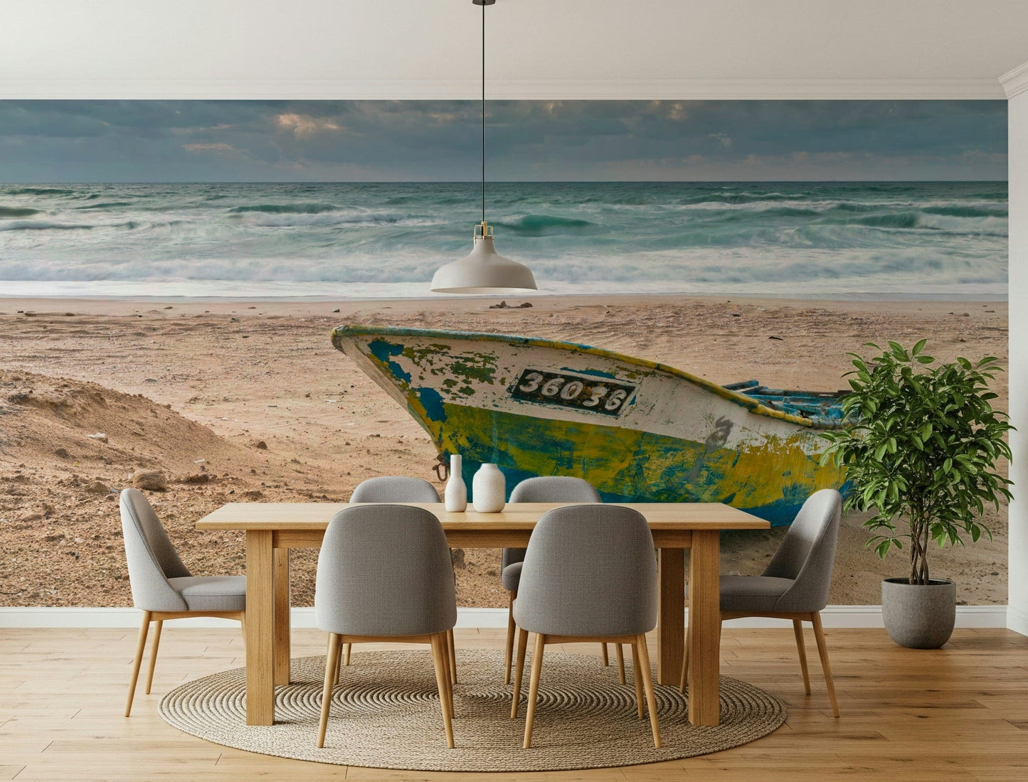 Seascape Vessel Mural Captivating image of a humble boat and powerful ocean.