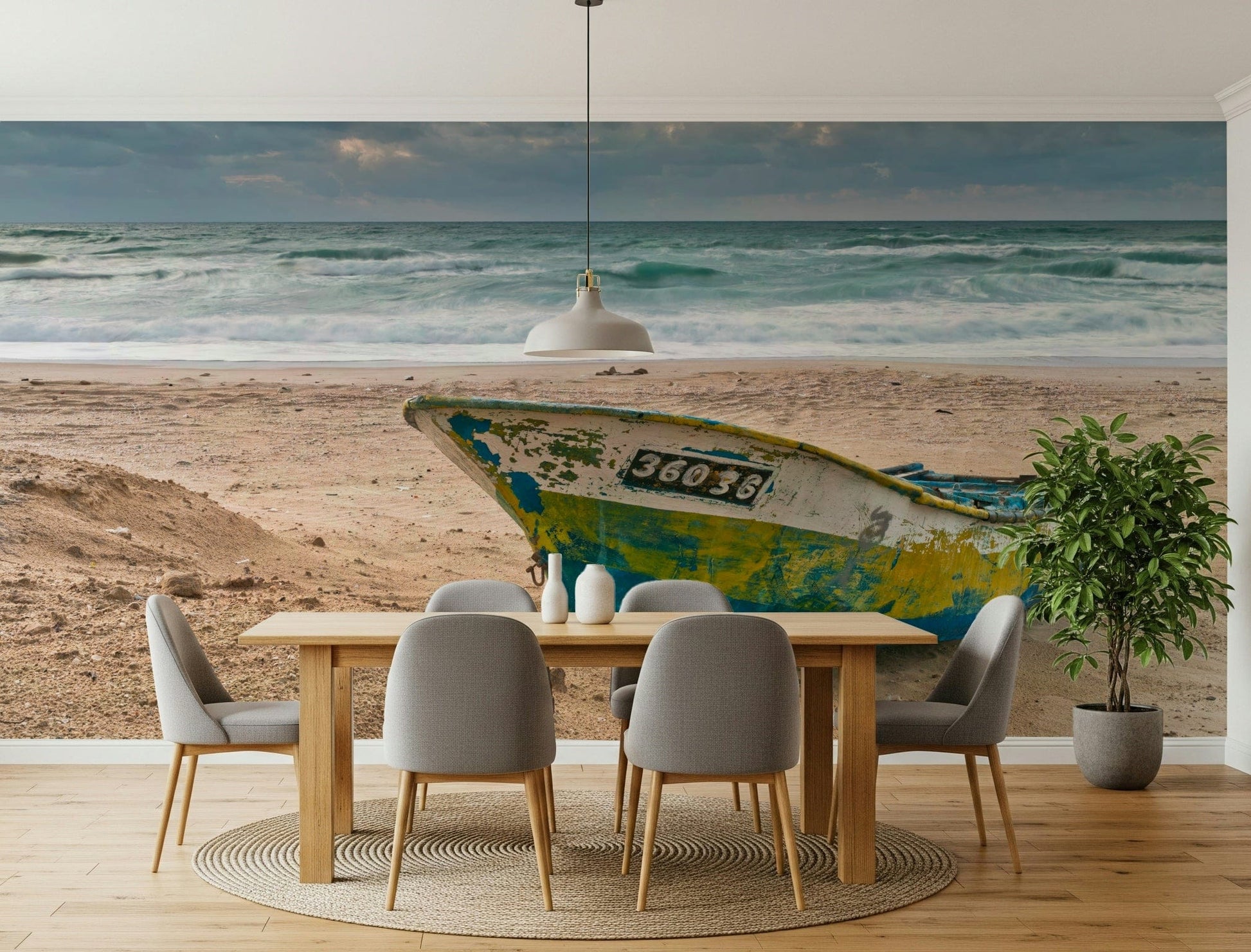 Seascape Vessel Mural Captivating image of a humble boat and powerful ocean.