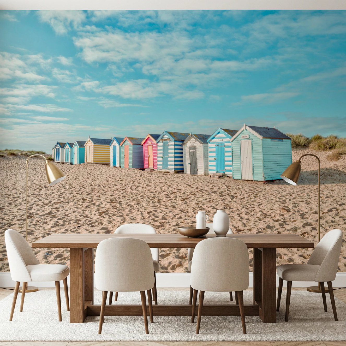 Nautical style beach huts wall mural for dining area with pastel wooden huts.